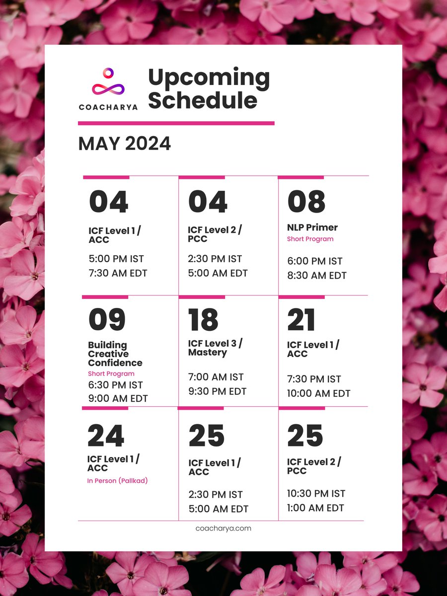 Coacharya's tweet image. Who else hates last-minute scrambling? 
Get a head start on May with our amazing programs!

Reach out to us so we can help you pick the best path for your personal and professional success.

Contact Us Now: tinyurl.com/7cs626ep

#productivitytips #organization #mayprograms