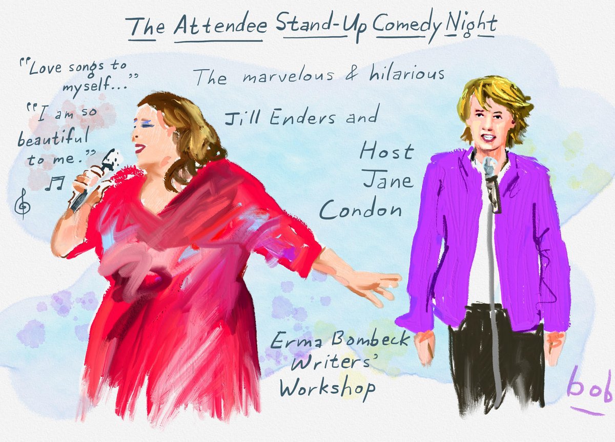 Reliving stand-up comedy night with host @JaneCondon and the talented @jillibee  — what a wonderful night of laughter (and song)! Illustration by @BobEckstein, artist-in-residence. #ebww2024 #standupcomedy