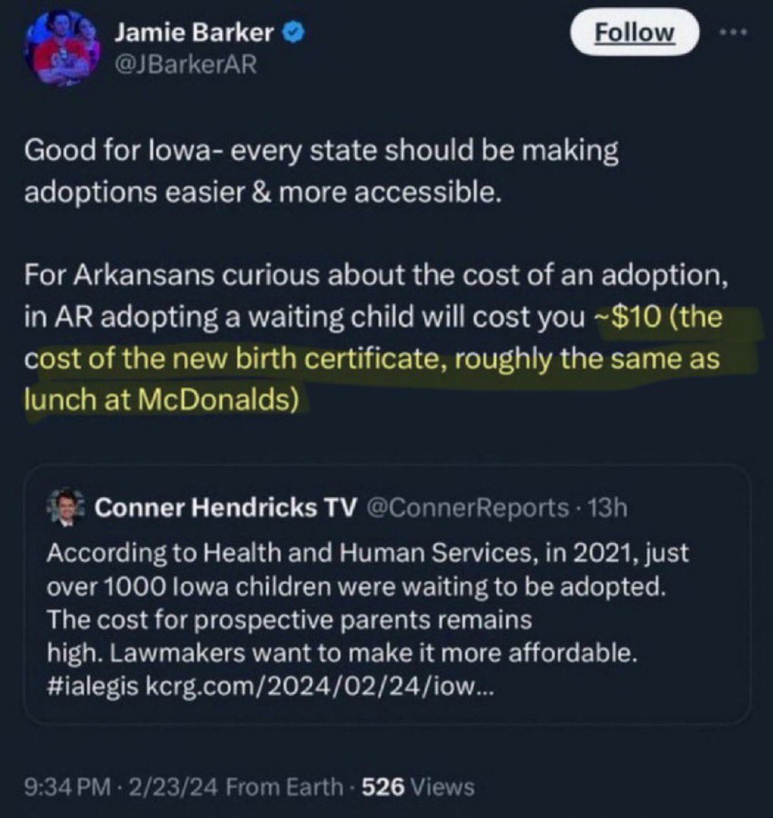 Remember when Sarah Sanders Deputy Chief of Staff, @JBarkerAR, posted that you can get yourself a child for [checks notes] the cost of lunch at McDonald’s. #wtf