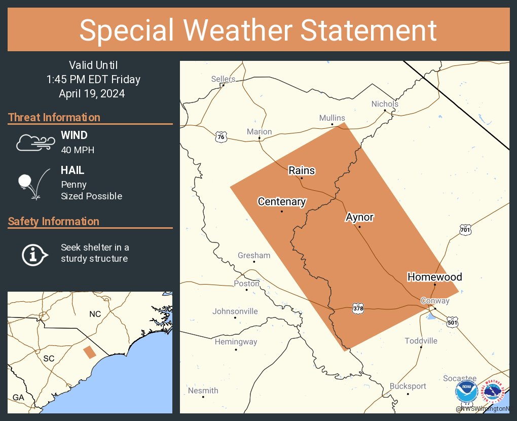 A special weather statement has been issued for Aynor SC, Homewood SC and Galivants Ferry SC until 1:45 PM EDT