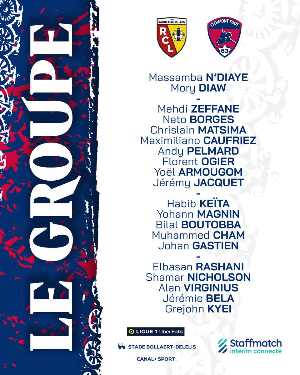 👥 La voilà, la liste des Clermontois qui se déplaceront à Lens ce samedi 🔴🔵

🔜 #RCLCF63