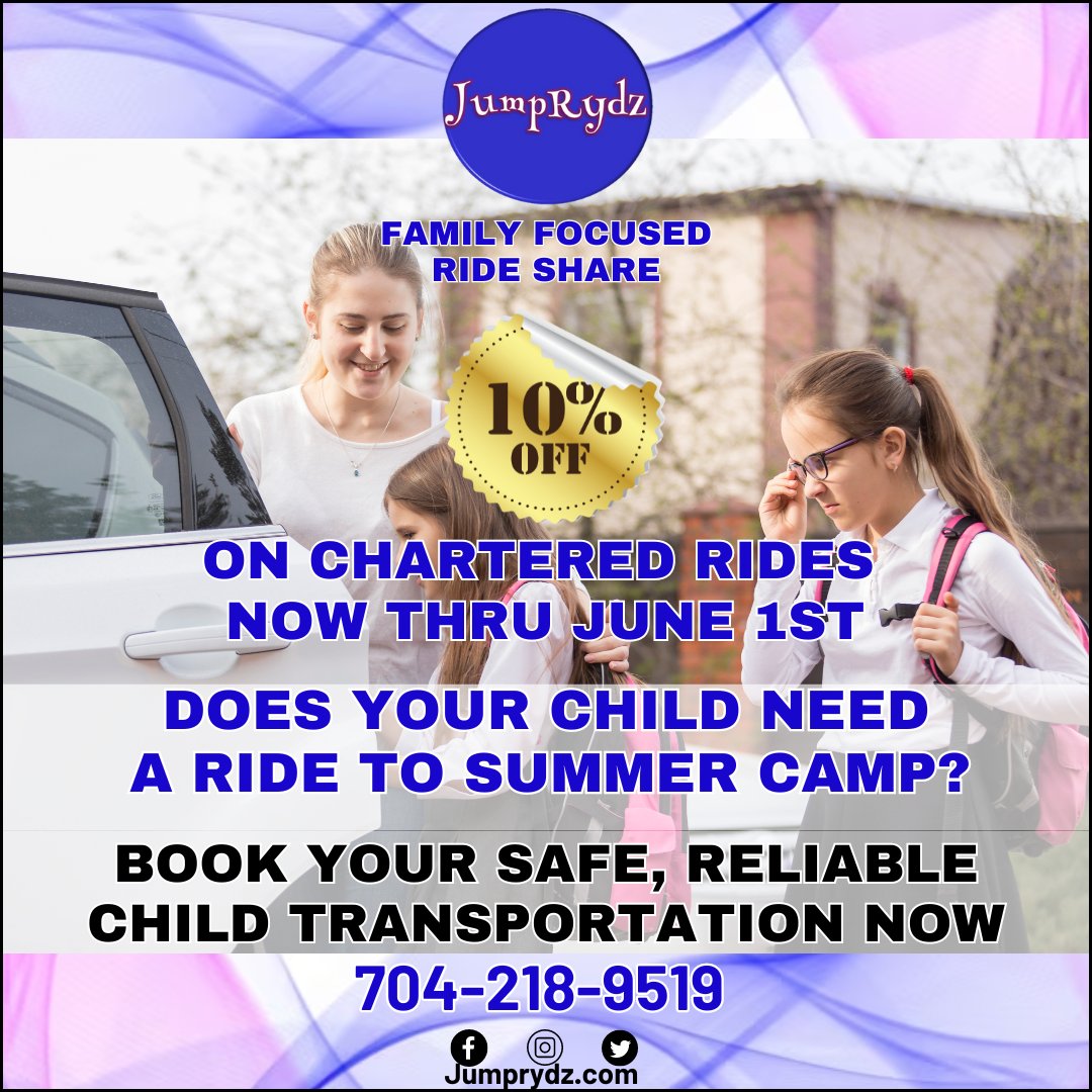 Summer Camp Sale is On!  Save 10%. Email us for a quote info@jumprydz.com #getintoajumprydz
📷 Phone: 704-218-9519
jumprydz.com
#TaxiService #SummerCampTransport #ChildSafety #EverydayRides #SafeRides #DownloadTheApp  #CharteredRides #jumprydzny #blackened #womenowned