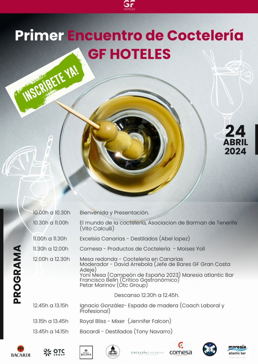 Primer encuentro de Cockteleria Gf hoteles ( grupo Fedola ). Una iniciativa destinada a la formación del personal de la cadena y con invitaciones personales ( siempre bajo inscripción ). No esperes más y apúntate. 

Número de contacto 600526019