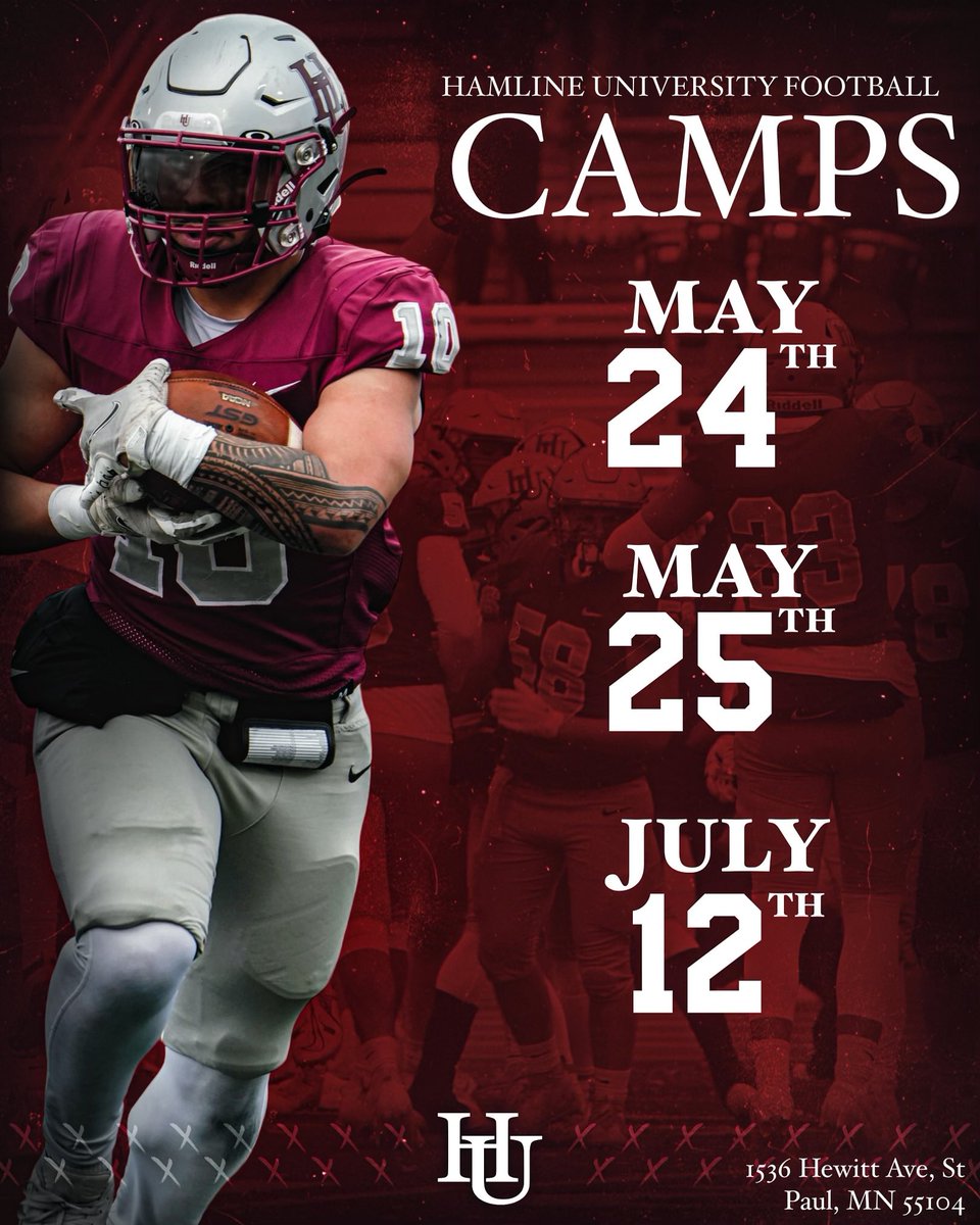 All Rising Freshmen ➡️ 2025’s are invited to our @HamlineFootball CAMPS in KLAS STADIUM. Please reach out if you’re interested in attending! We’d love to watch you compete and help with your skill development. #ATS #INVICTUS #RDP