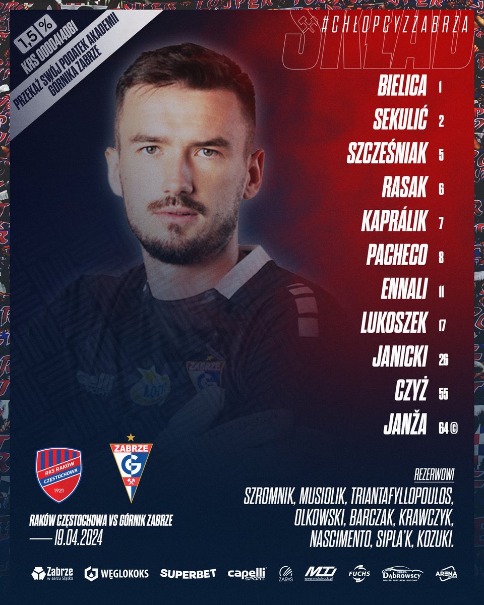 𝗝𝗲𝗱𝗲𝗻𝗮𝘀𝘁𝗸𝗮 na starcie z Rakowem! 📋 🔥 📣 Górniku, jesteśmy z Tobą! #RCZGÓR