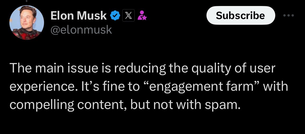 JUST IN: Elon Musk says that engagement farming will be allowed as long as it doesn’t disrupt user experience and isn’t spam.