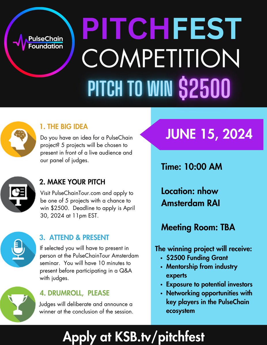 Apply today to pitch your #PulseChain project! ksb.tv/pitchfest Join us on June 15th in Amsterdam to hear about all the innovation taking place on the $PLS blockchain.