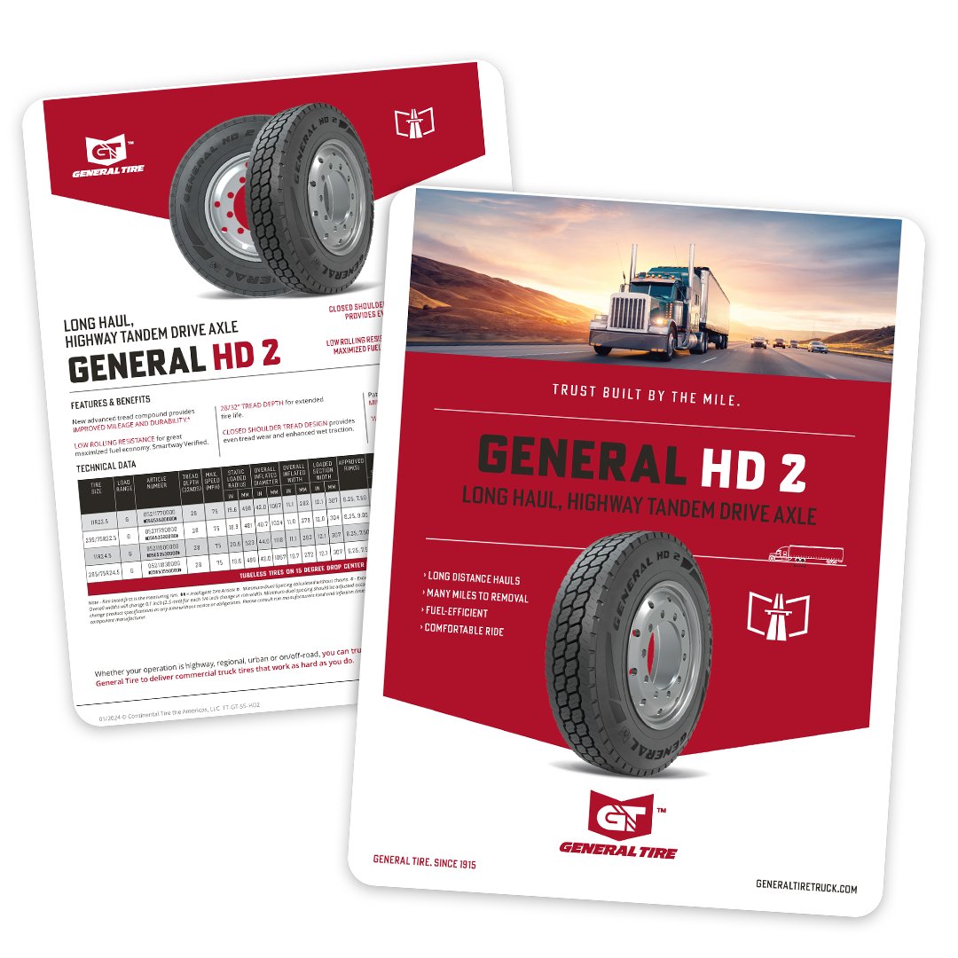 Feel comfortable cruising the weekend highway on our General HD 2 #tires!

#Smartway-verified, they slash CO2 emissions, while the closed shoulder design is equivalent to a well-tailored suit – sleek, even-wearing, and ready for any wet twist!

View: ow.ly/RhOl50RjrEF
