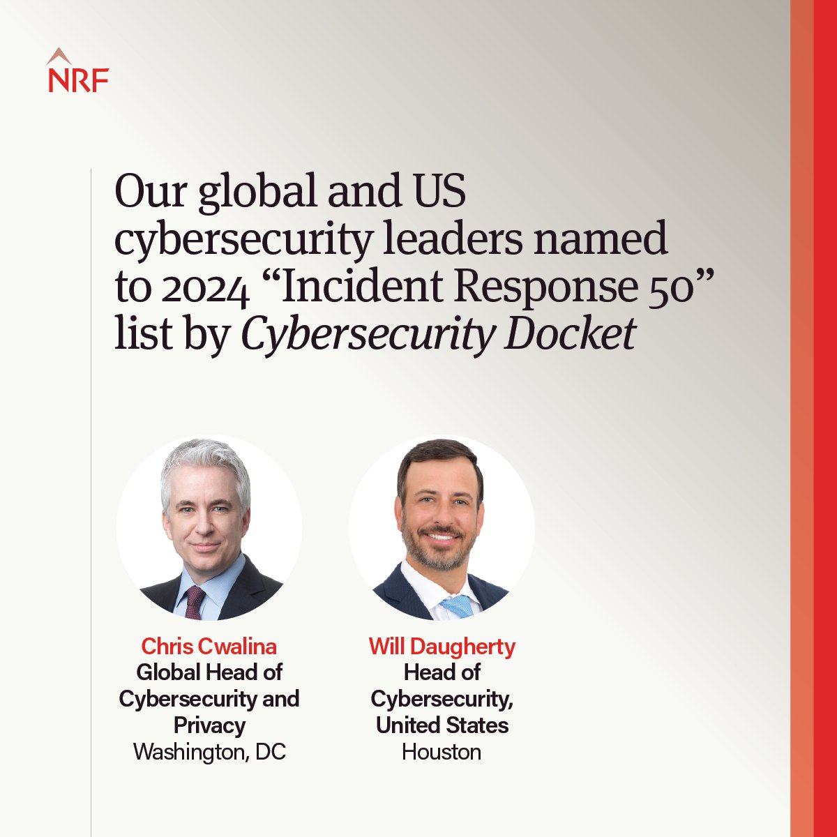 We’re pleased to announce that Global Head of Cybersecurity and Privacy Chris Cwalina and US Head of Cybersecurity Will Daugherty have been named as two of the top 50 data breach response lawyers by Cybersecurity Docket ow.ly/gs8R50Rk4N6