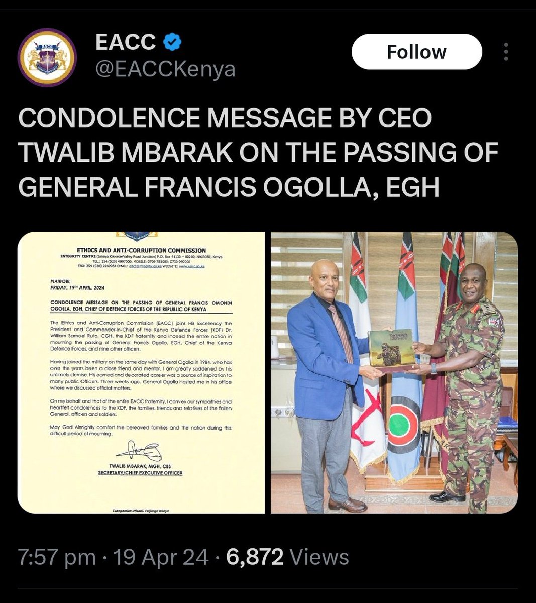 Using General Kibochi's Picture to Mourn General Ogolla. Incompetence