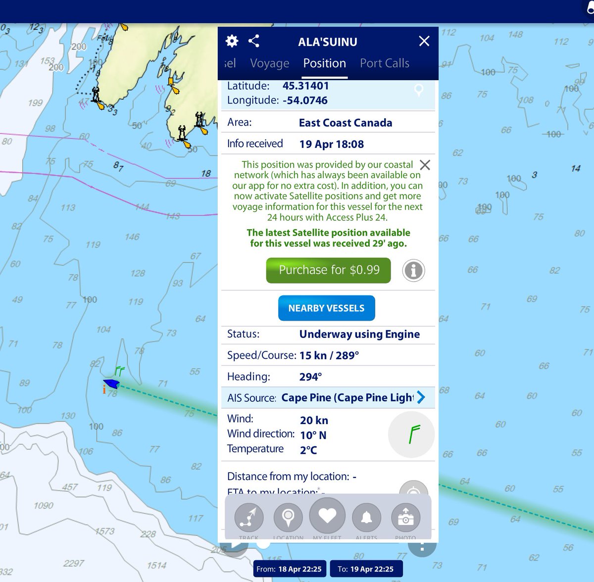 The newest @MAferries MV Ala’suinu nearing Canadian waters for the first time. Voyage from China. Now 80miles S of Cape Pine. @MarineTraffic AIS receive site #capepine. #NLwx #NLtraffic #nlpoli
