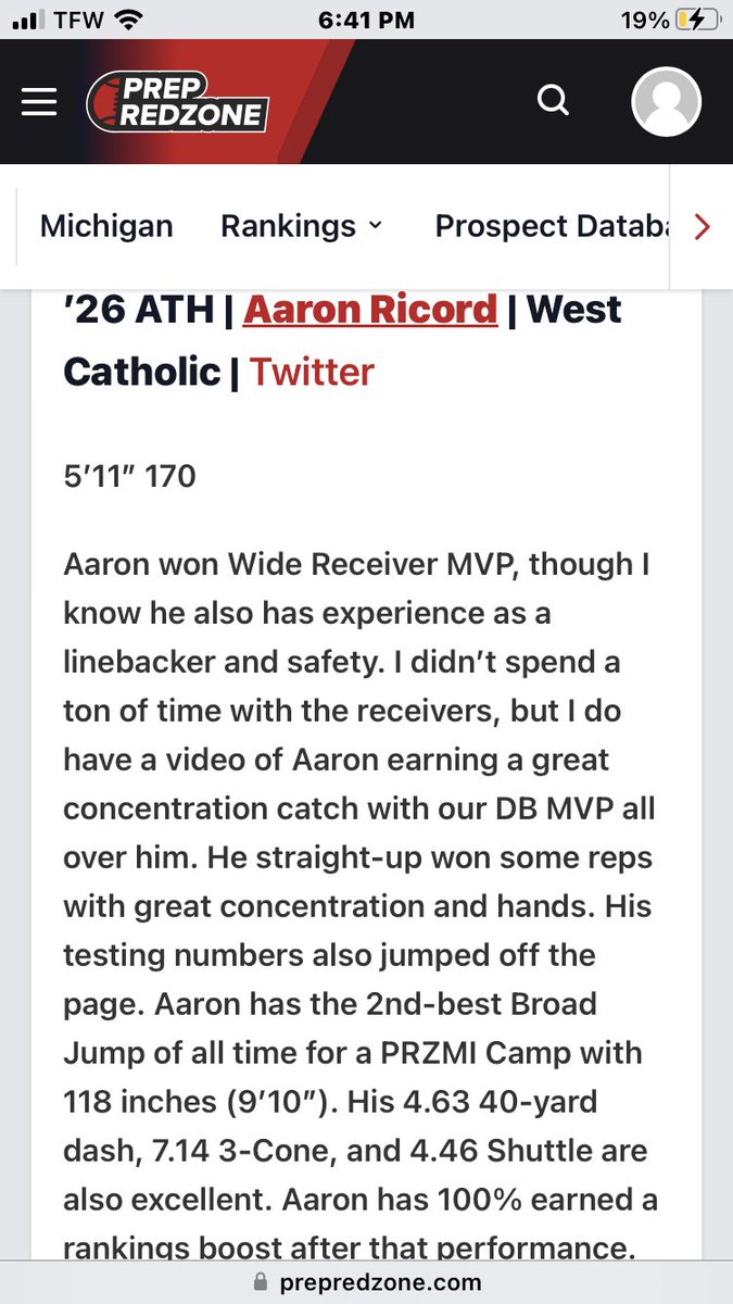 Had a blast at the PrepRedzone Combine. Honored to win WR MVP.🔥Thanks to Alex Pallone as well for the write up. 🤙 @alex_pallone @GRWCFootball