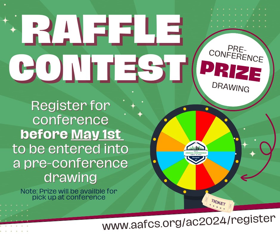 Register for AAFCS 2024 Annual Conference before May 1st and be entered into a raffle!! The raffle winner will receive one of our many prizes at this year's conference! Winner announcement on May 2nd! Register now: bit.ly/48zE3Pj #aafcs #ac2024 #aafcsac24