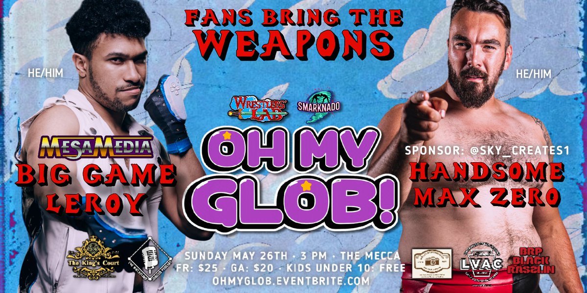 This was supposed to be 'No Disqualification', but since @BigGameLeroy didn't get his hands on @HandsomeMaxZERO at #SHOWABUNGA2 as intended, the Labradors voted to run it back! Fans Bring the Weapons II: 8-Bit Boogaloo (Working title) READY? FIGHT! 🎟 ohmyglob.eventbrite.com
