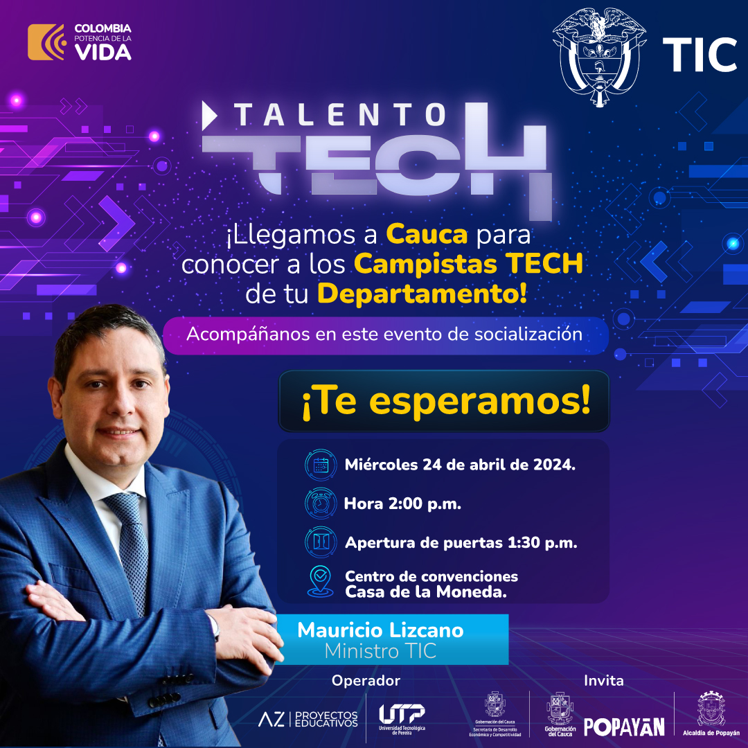 ¿Estás preparado para cruzar nuevas fronteras en temas de tecnología? 

Asiste de manera presencial en Popayán, a este evento de #TalentoTech y entérate de los avances del programa que aportará a una Colombia #PotencIAdigital. 

¡Regístrate ahora! 
📲 forms.office.com/r/49DNXBRFzp