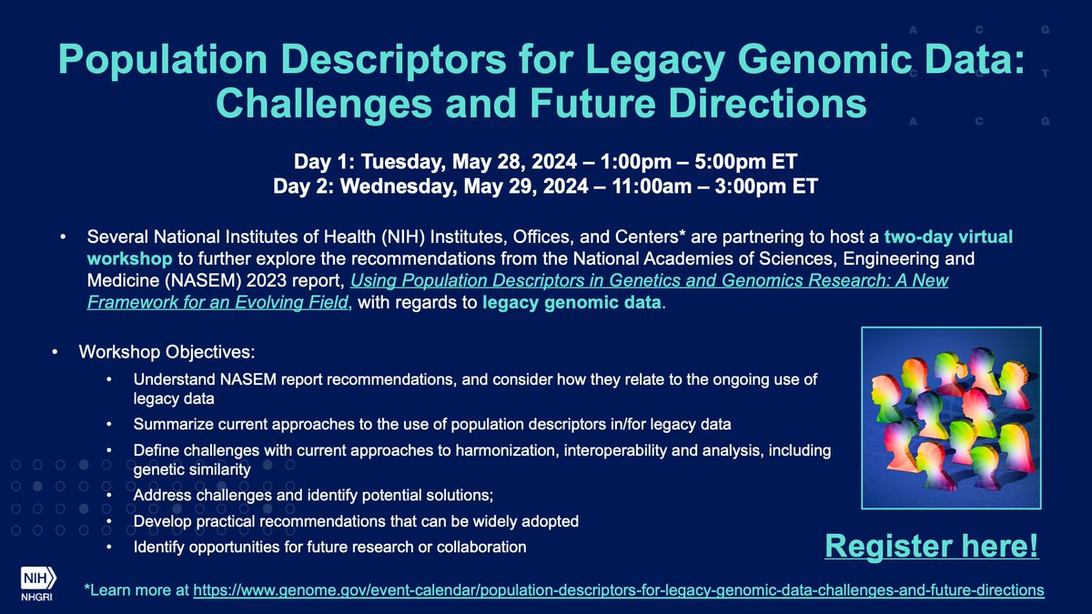 Anyone working with population descriptors in legacy genomic data ✋ - check out this @NIH virtual workshop May 28-29, genome.gov/event-calendar…