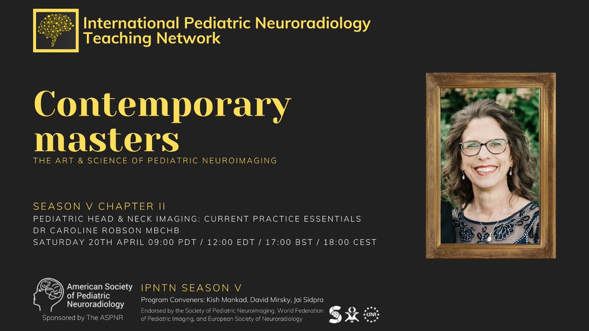 Less than 24 hours to go... International Pediatric Neuroradiology Teaching Network Season V: Contemporary Masters Chapter II: Caroline Robson, MBChB April 20, 2024 Register once and get access to the full season! 👉aspnr.org/learning/inter… @WorldFederation @spinacademics…
