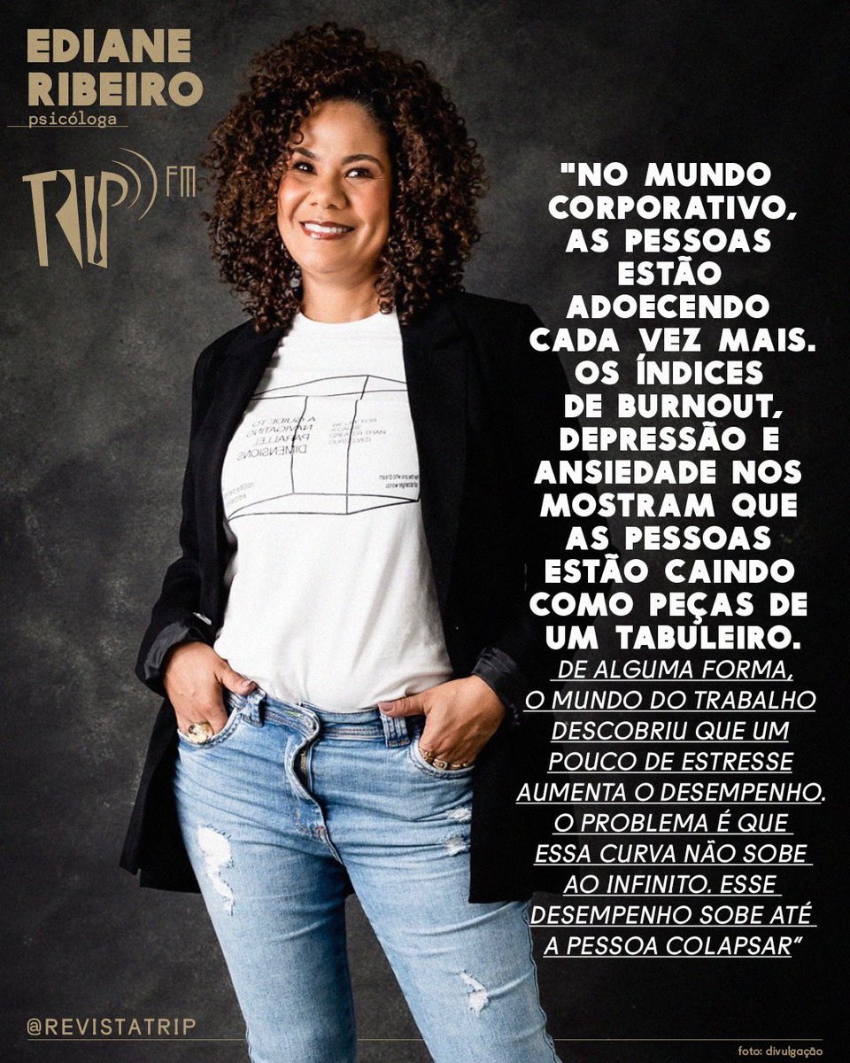 revistatrip's tweet photo. Em uma conversa com o #TripFM, a psicóloga Ediane Ribeiro falou sobre racismo, a substituição de vínculo real pela atenção passageira nas redes sociais e como o universo corporativo pode ser nocivo à saúde mental. O papo vai ao ar daqui a pouco, às 20h, na @eldoradoradio. Vem! https://t.co/IuT3bWr2kT