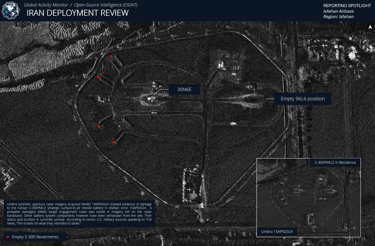 🚨 ATACK IN IRAN TARGETED RUSSIAN MADE AIR DEFENSES AND RADARS IN ISFAHAN

Umbra synthetic aperture radar imagery acquired 0648Z 19APR2024 showed evidence of damage to the Iranian S-300PMU2 strategic surface-to-air missile battery in Isfahan since 15APR2024. A probable damaged…