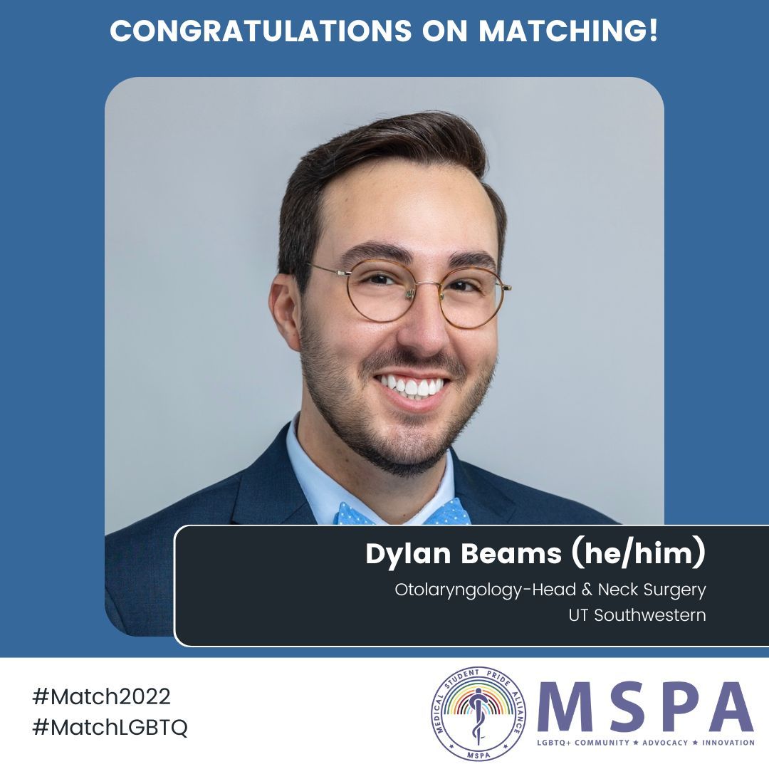 Congratulations to Dylan Beams (he/him) for matching into Otolaryngology-Head & Neck Surgery at UT Southwestern! #MSPA #MedPride #Match2024 #MatchLGBTQ