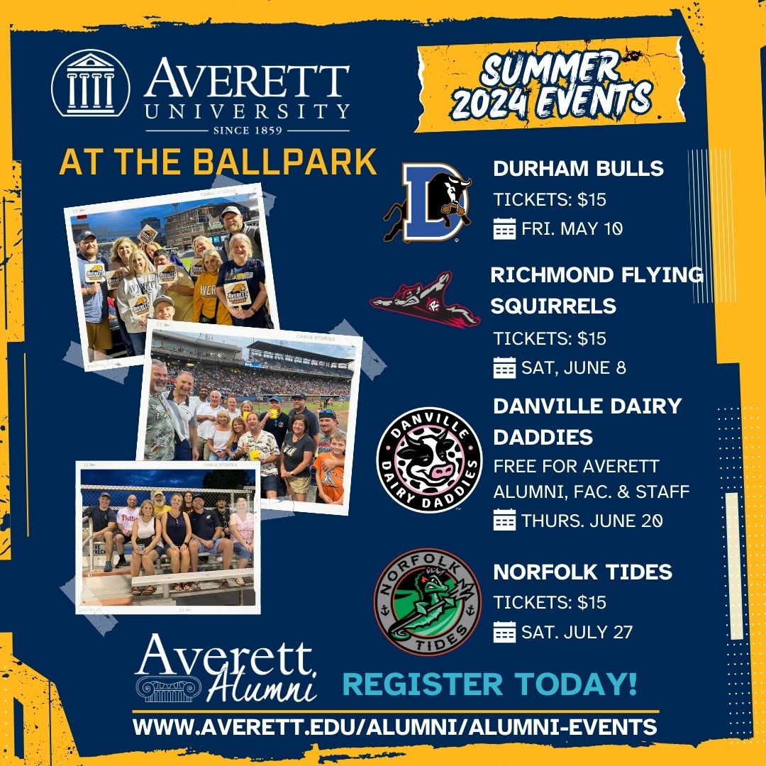 Join us for Averett at the Ballpark this summer!  We have lined up a season of fun events at baseball games across the region. Reconnect with fellow alumni and make new memories at these events. Visit averett.edu/alumni/alumni-… to register.  #AllAverett #AverettFamily #AverettAlumni