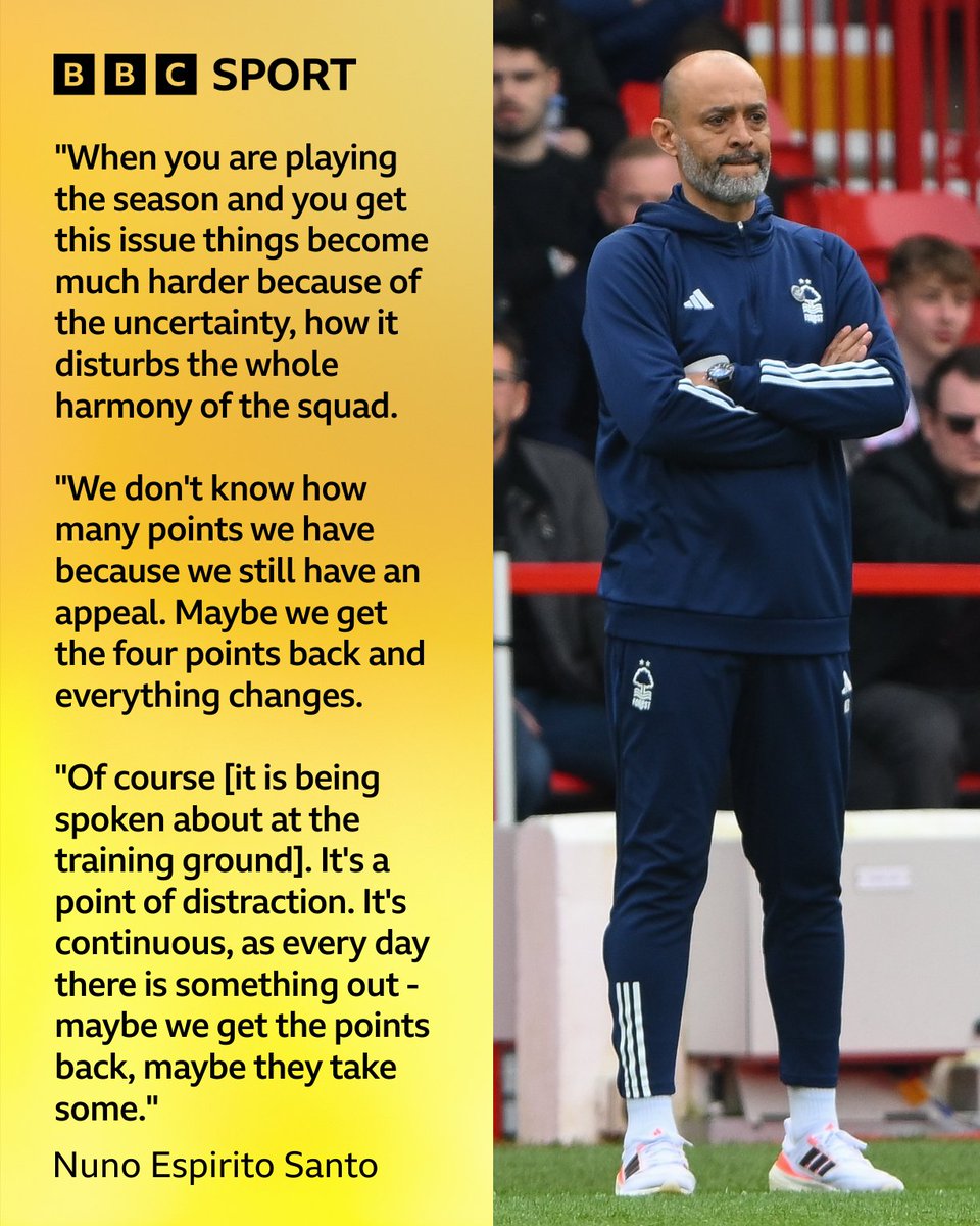 BBCSport's tweet photo. Nuno Espirito Santo says the uncertainty over Nottingham Forest's Premier League fate is having a detrimental impact on his players. https://t.co/wtk2ZaAFcW