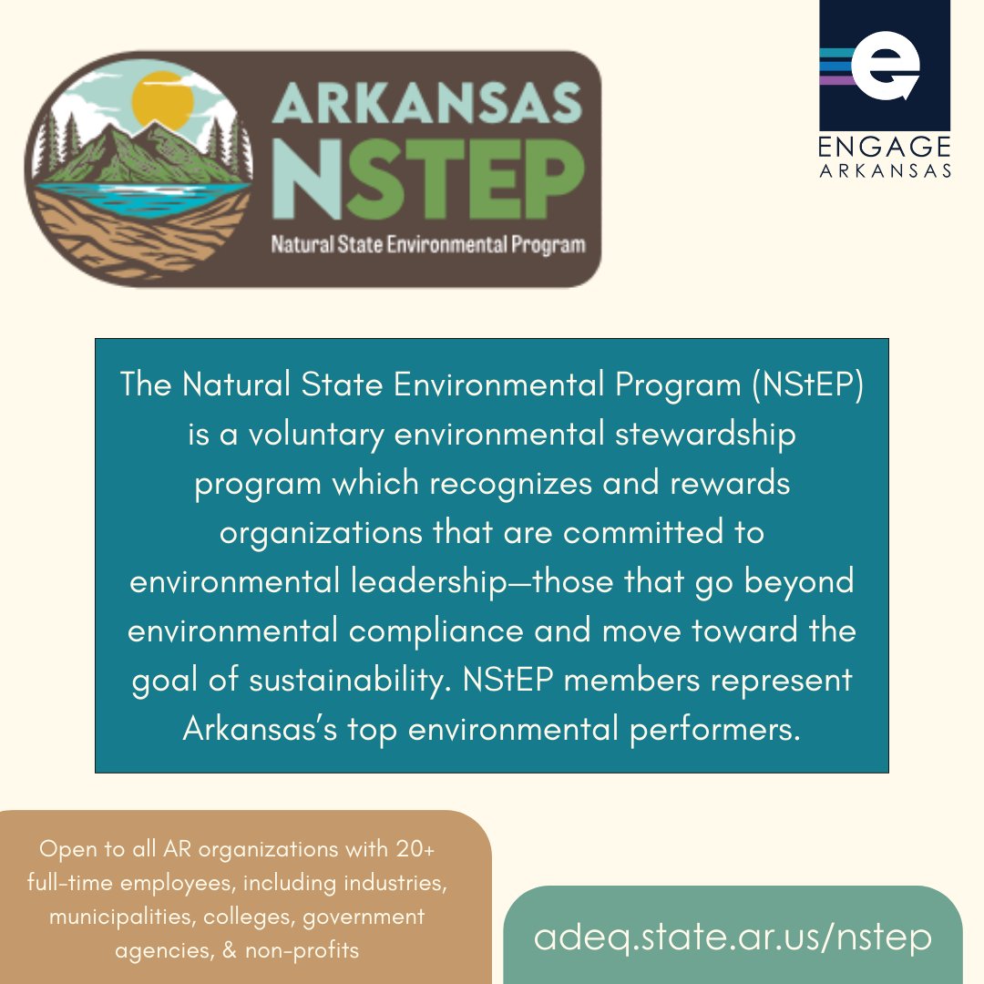 engage_ar's tweet photo. The Natural State Environmental Program (NStEP) is a voluntary environmental stewardship program that recognizes and rewards organizations committed to environmental leadership—those that go beyond environmental compliance and move toward the goal of sustainability. https://t.co/N0pecTPVpL