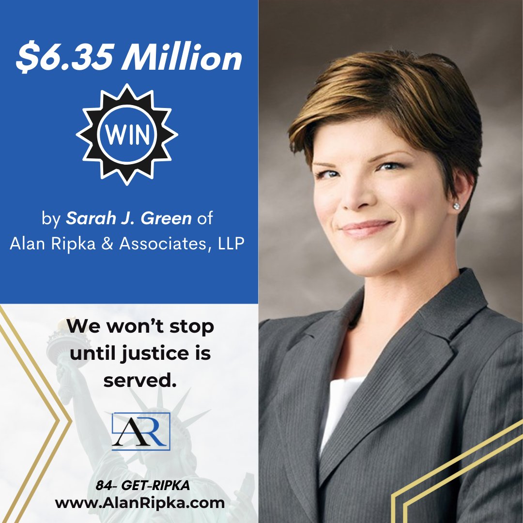 AlanRipka's tweet photo. Another victory! Sarah J. Green, of Alan Ripka &amp; Associates LLP, secured a $6.35M verdict in a delay in the diagnosis of a breast cancer case. Our relentless pursuit of justice for our client ensured the compensation she so rightfully deserved. #medicalmalpractice #breastcancer https://t.co/05hbnY4XYa