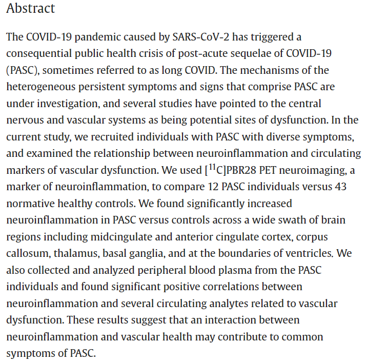 2/
New US research

Neuroinflammation in post-acute sequelae of COVID-19 (#PASC) as assessed by [11C]PBR28 PET correlates with vascular disease measures

sciencedirect.com/science/articl…

#LongCovid #PwLC #postcovid