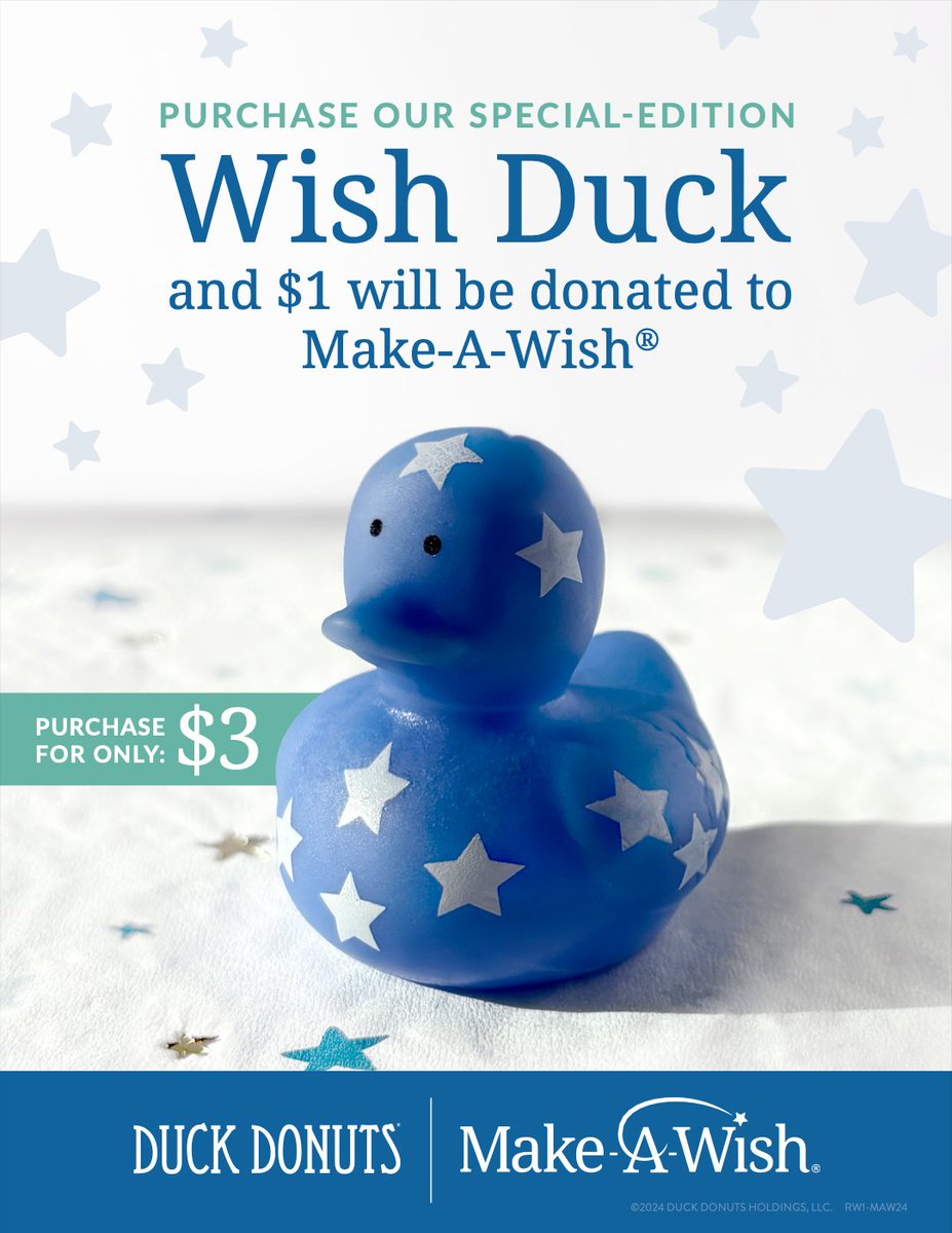 From April 22 - June 16, Duck Donuts will be selling a limited edition, Wish Rubber Duck. $1 will go to Make-A-Wish for every duck sold. Customers can also donate at checkout in-store and online. 🦆🍩 Satisfy your sweet tooth and become a WishMaker this month! #WorldWishMonth