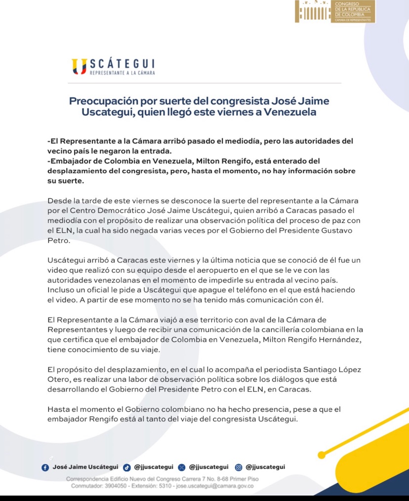 El equipo del representante @JJUscategui denunció que al parlamentario, en un viaje realizado hoy a Venezuela como observador de los diálogos con el ELN, se le negó su entrada al país vecino. “Desde la tarde de este viernes se desconoce la suerte del representante”.