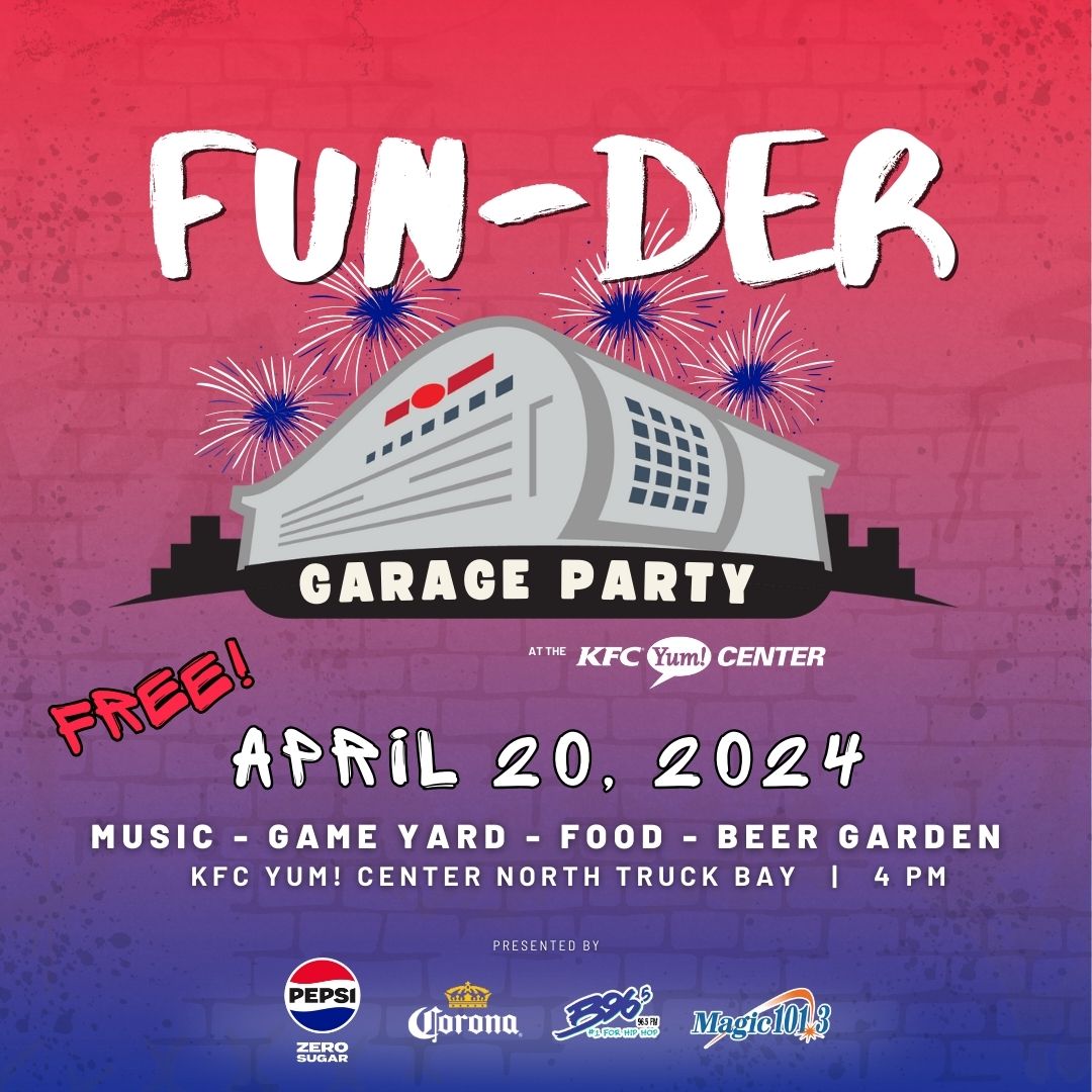 Stop by and see us tomorrow at our Fun-Der Garage Party! ❤️💙⁠ 📍 KFC Yum! Center North Truck Bay⁠ (River Rd) 🔜 April 20⁠ 🕔 4 PM - Fireworks⁠ 🏆️ Ticket Giveaways! 🆓 𝙁𝙍𝙀𝙀!⁠ 𝘗𝘳𝘦𝘴𝘦𝘯𝘵𝘦𝘥 𝘣𝘺 @pepsi Zero Sugar, @corona, @hiphopb965, & Magic 101.3!⁠