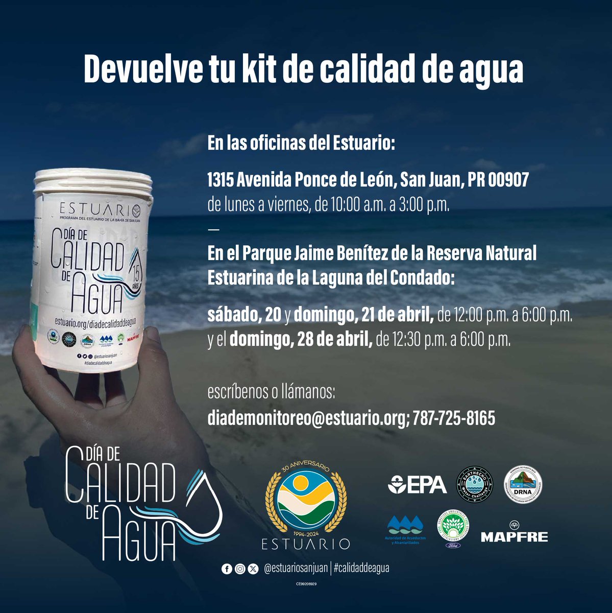 Estamos recogiendo los kits del Día de Calidad de Agua de Puerto Rico. Para entregar tu kit, pasa por nuestra oficina de lunes a viernes, entre las 10am y 3pm. — Escríbenos a diademonitoreo@estuario.org o llámanos, al 787-725-8165. — #puertorico #calidaddeagua