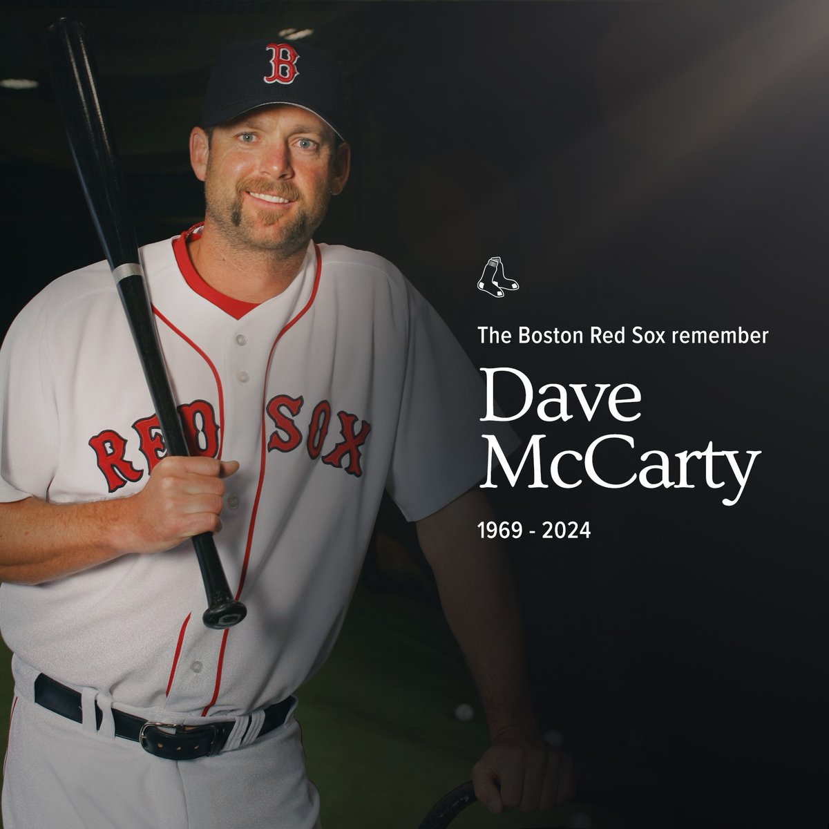 Our hearts are heavy with the passing of Dave McCarty. Playing 3 seasons with the Red Sox, he will forever be a part of the curse-breaking 2004 World Series championship team. We send our love to his wife, Monica, and their children, Reid and Maxine.