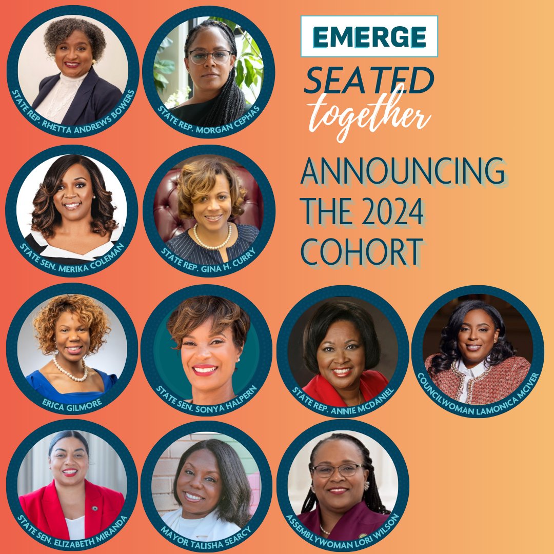 Congratulations and Welcome to the 2024 Emerge Seated Together Cohort! Seated Together is Emerge’s advanced candidate leadership program designed for Black women leaders who aspire to run for higher office. We can’t build a reflective democracy w/o Black women leading.