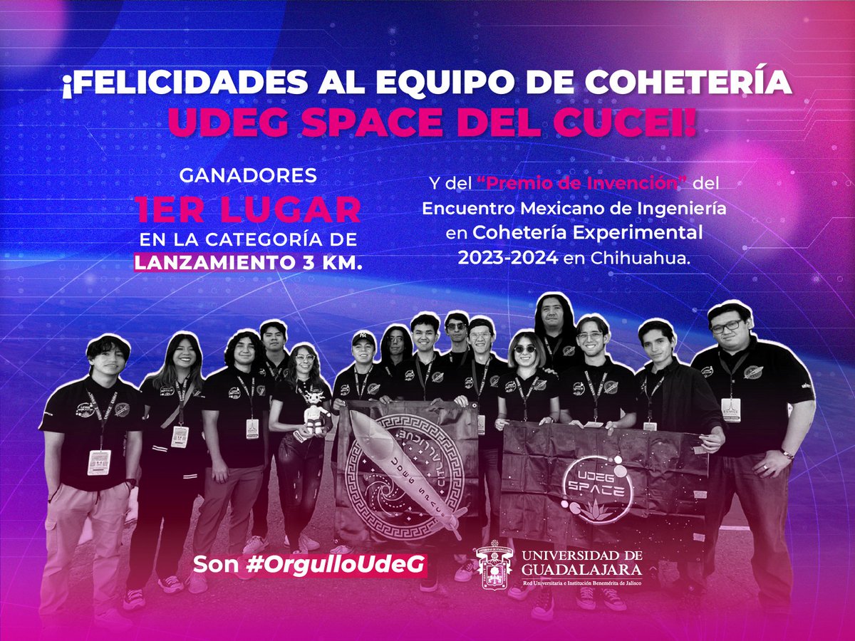 udg_oficial's tweet photo. ¡Leonas y leones negros de altura! 🚀🦁  

El equipo de cohetería @udegspace de @udegcucei conquistó el Encuentro Mexicano de Ingeniería en Cohetería Experimental 2023-2024.  

#OrgulloUdeG https://t.co/4L2ezIjble