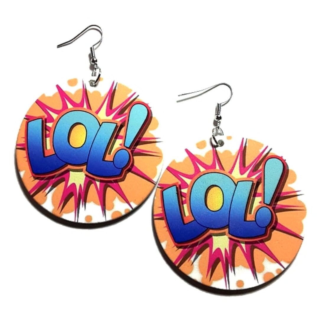 LOL Comic Blast Statement Dangle Wood Earrings tuppu.net/1e218f6 #explore #Etsy #fashionjewelry #melaninfashion #blackownedbusiness #WoodEarrings