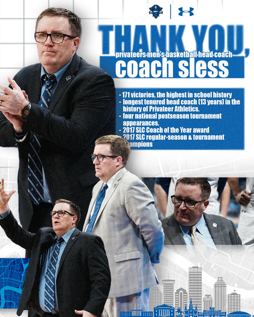 after 13 years on the lakefront and 171 wins, we thank you @CoachSless. ⚔️ 🔗 unoprivateers.com/news/2024/4/19… #NOLAsTeam⚔️ | @PrivateersHoops