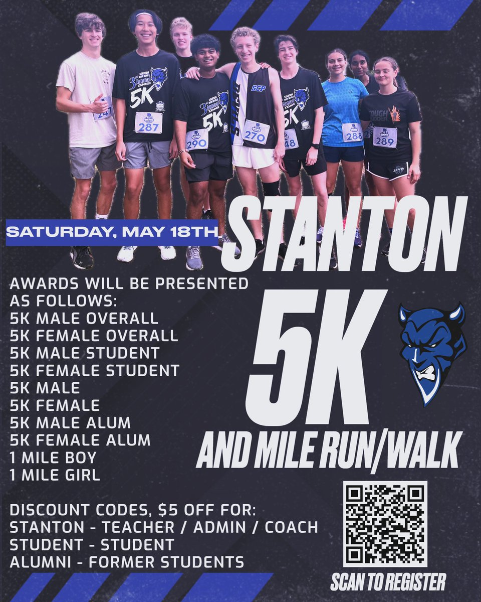 1 Month until Stanton 5K Fundraiser! Link in bio! Saturday May 18 at Ed Austin Park $25 for 5K and $15 for 1 mile walk/run $5 Discount code for running categories -teacher/admin/coach -student -former students #stantonathletics 😈🏃🏻‍♂️‍➡️🏃🏽‍♀️‍➡️