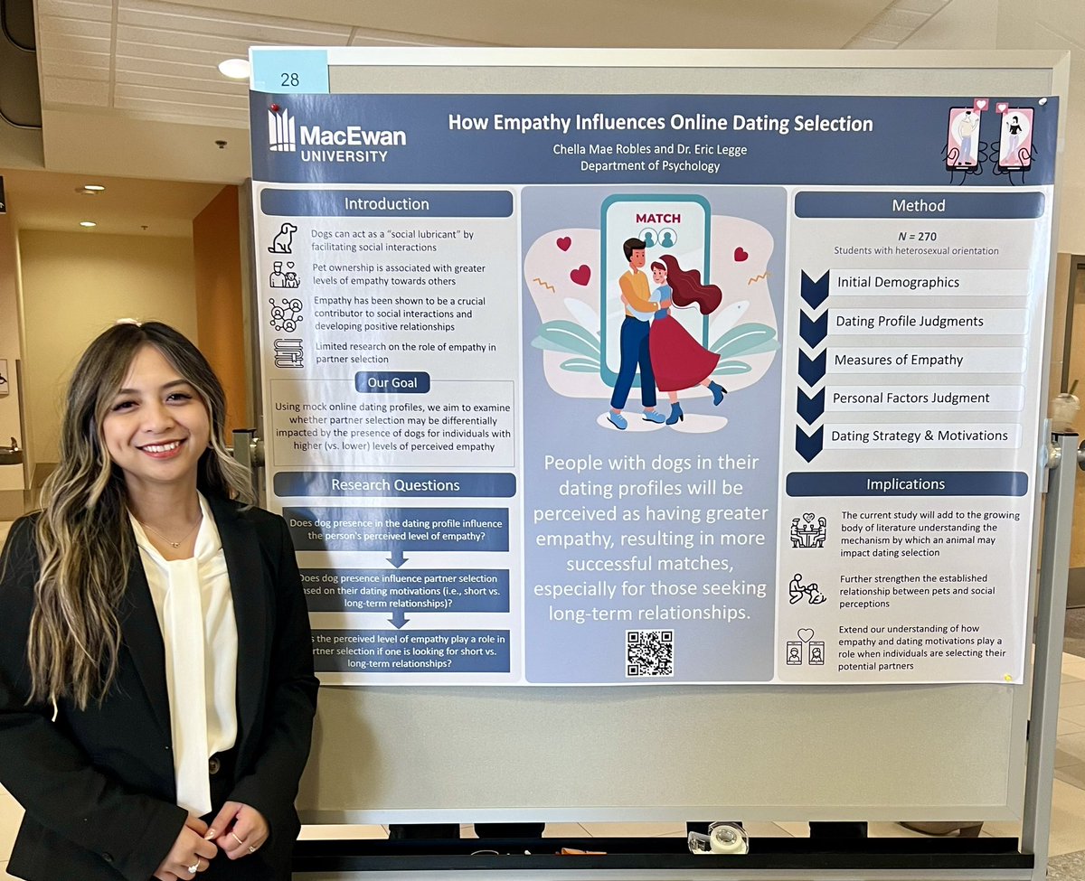 .@Chellaroblesx presenting her research proposal (now collecting data) on whether empathy and pet pictures influence online dating selection at MacEwan Student Research Day. <a href="/MacEwanResearch/">MacEwan Research</a> #SRD2024