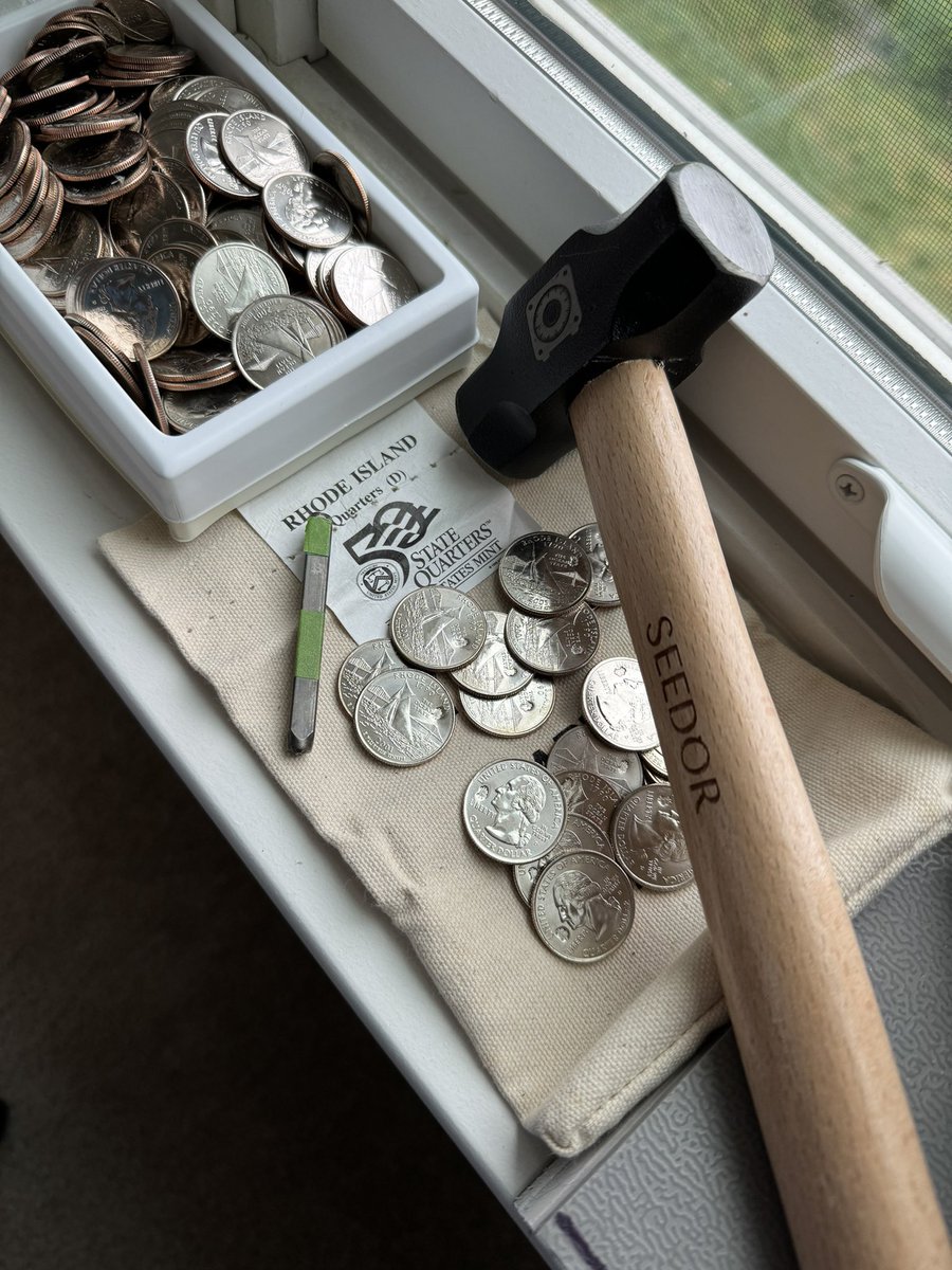 timsmig's tweet photo. Stamping out another batch of #bitcoin for the #BitcoinHalving2024 #statequarters #RhodeIsland @seedor_io #threepointonetwofive @therationalroot @LoveIsBitcoin21 @FossGregfoss #math https://t.co/LDLf54rDKl