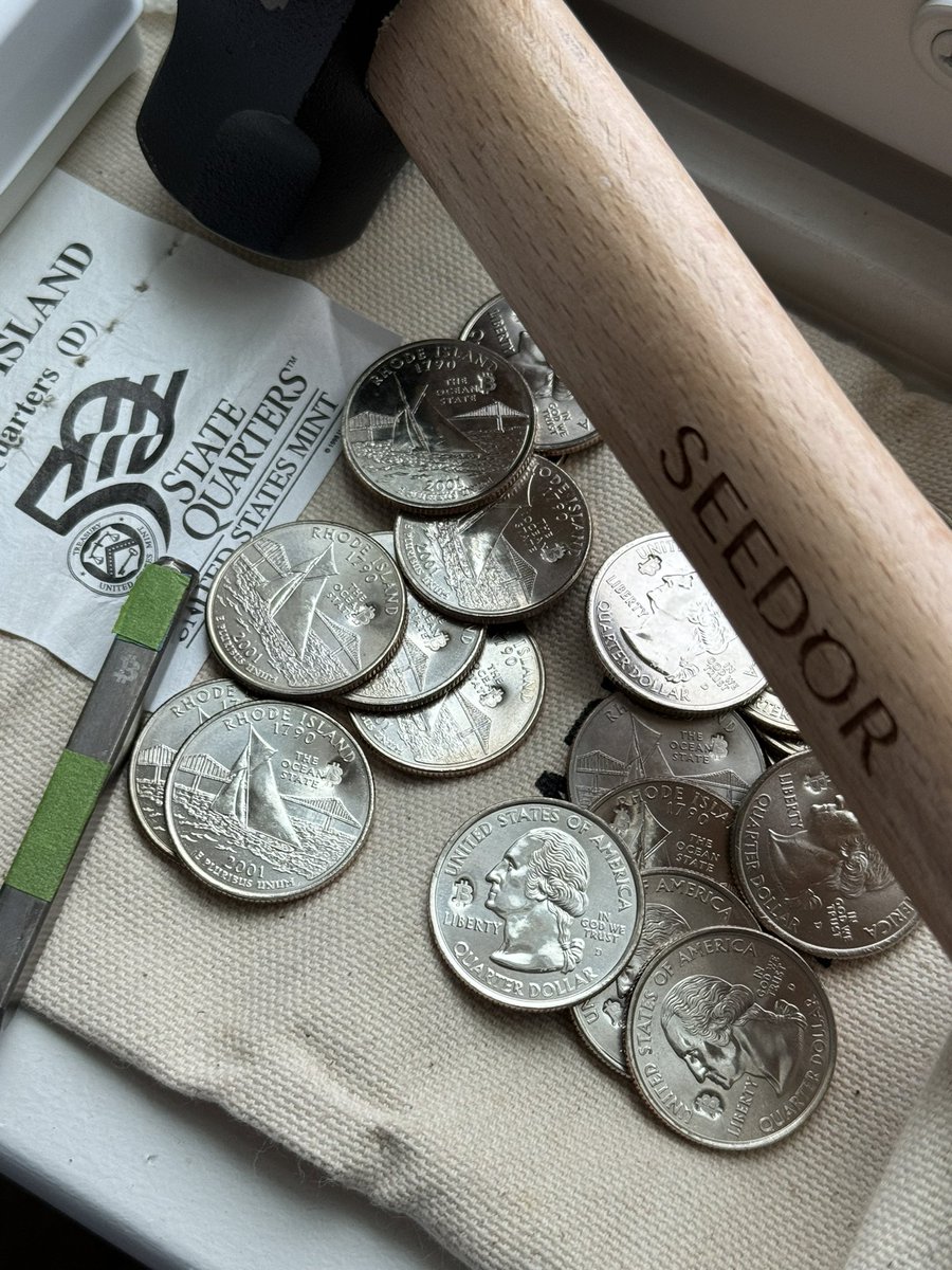 timsmig's tweet photo. Stamping out another batch of #bitcoin for the #BitcoinHalving2024 #statequarters #RhodeIsland @seedor_io #threepointonetwofive @therationalroot @LoveIsBitcoin21 @FossGregfoss #math https://t.co/LDLf54rDKl
