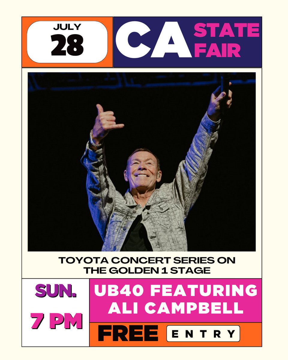 We are excited to announce that @UB40 featuring Ali Campbell will be taking over the stage at the #CAStateFair on Sunday, July 28 as part of the @Toyota Concert Series on the @golden1cu Stage! FREE with general admission! Reserved Seating here: bit.ly/CSFUB40
