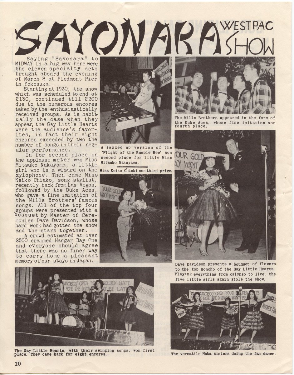 Gay Little Hearts performed aboard the aircraft carrier USS Midway (CVA-41) for the ship’s “Sayonara WestPac Show” on 8 March 1960. The ship was moored at Yokosuka, Japan. The ladies won first place 🥇 as the ship’s favorite entertainers that evening.