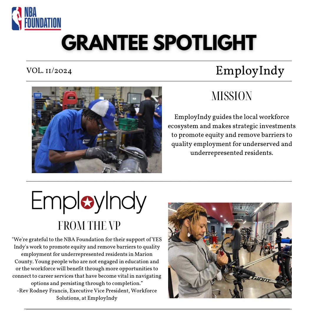 The NBA Foundation is thrilled to have EmployIndy as a grantee partner for our 11th round of grants 🤩🎉 @EmployIndy is an organization with a vision for all Marion County residents to have access to services and training necessary to secure a liveable wage and grow in a career