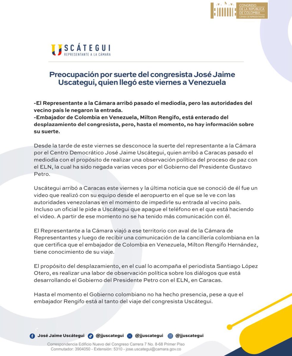 Hacemos votos porque aparezca sano y salvo nuestro Representante de la Cámara José Jaime Uscategui. 

Le solicitamos al gobierno Petro a hacer todo lo necesario para que se establezca la situación del Representante.