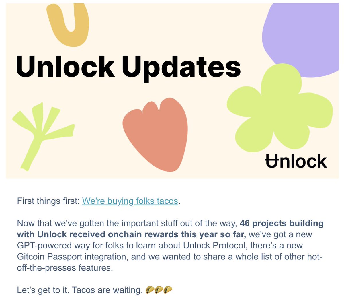 Let's talk tacos. (You can read the full newsletter here... unlock-protocol-19942922.hs-sites.com/taco-tuesday)