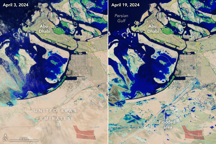 In the United Arab Emirates, a storm system brought more than a year’s worth of rain to some cities earlier this week. These #Landsat images show flooding around Abu Dhabi before and after the storms with enhanced color to show water in blue. go.nasa.gov/3U3RSzD