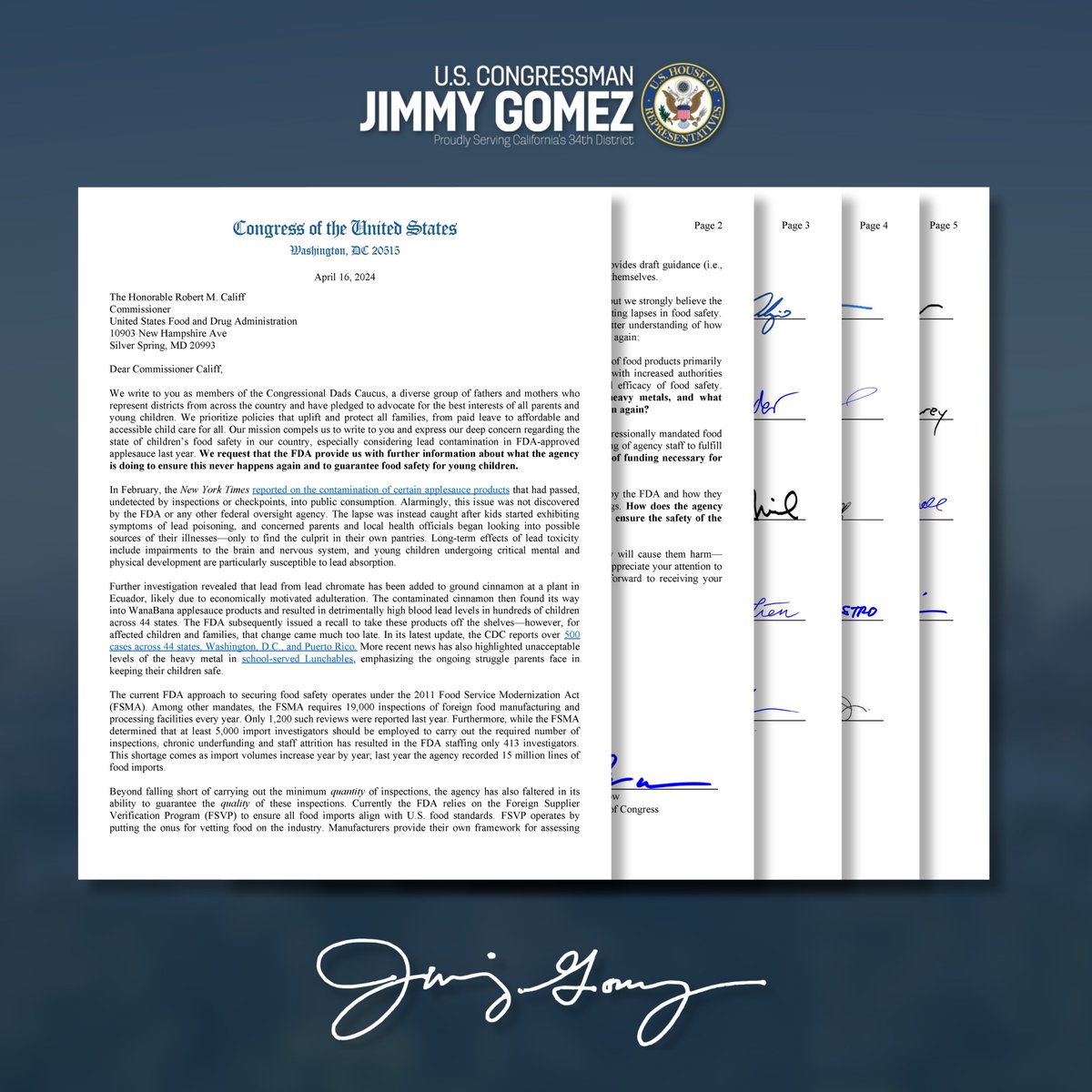 #ICYMI: I led 30 @DadsCaucus members to demand answers from @US_FDA on how they will ensure lead-contaminated food never makes it to our store shelves or our kids' plates again. No level of lead is safe for kids. As parents and members of Congress, we're demanding answers.