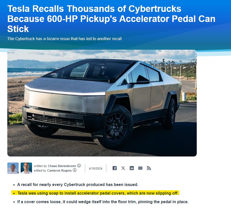 Tesla was using soap to install accelerator pedal covers, which are now slipping off. 

'By now I know more about manufacturing than any person currently alive on Earth' -Felon Musk  

 $TSLA $TSLAQ #Cyberfuck